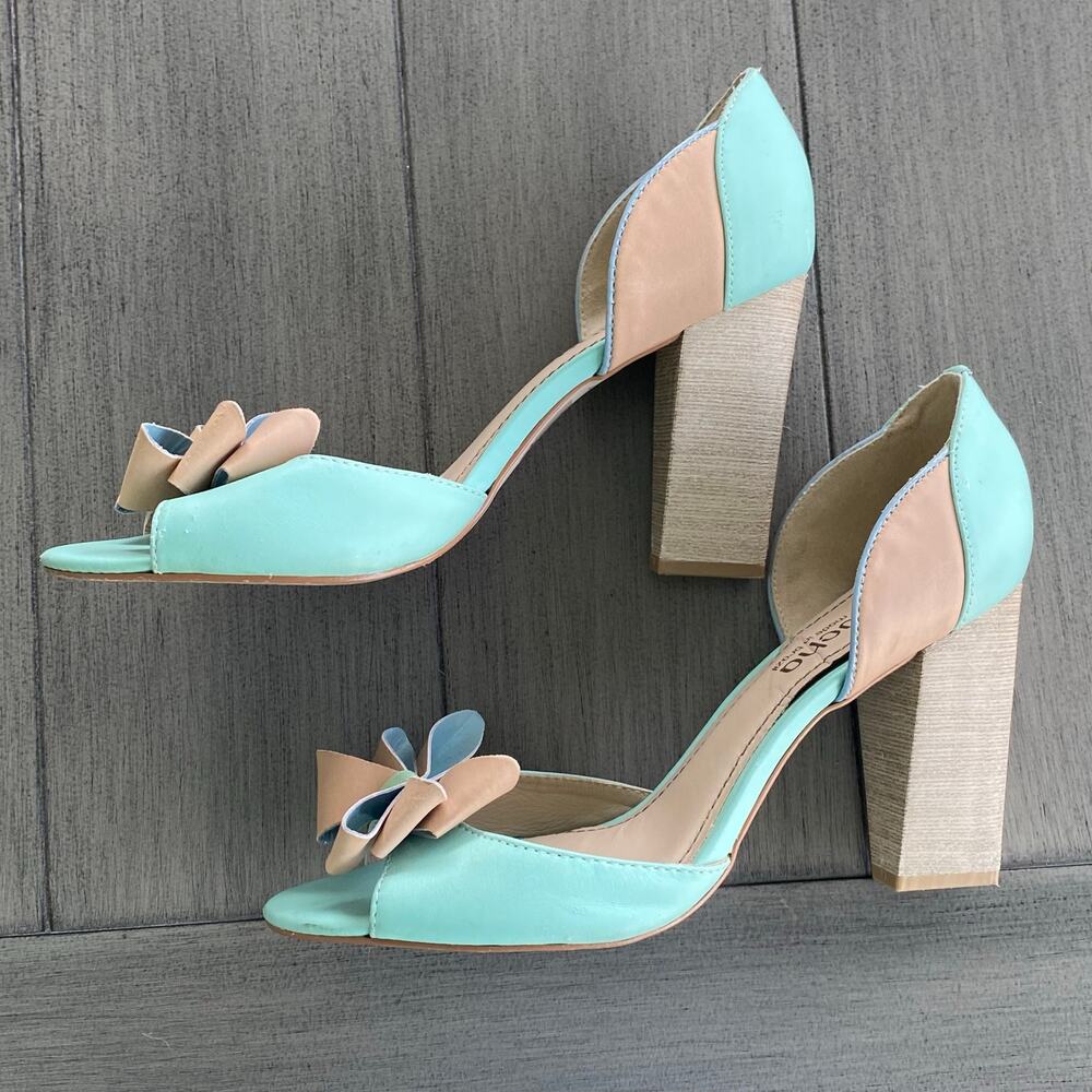Miucha Leather D’Orsay Block Heels • Women’s 9 • Mint & Tan • Brazilian Brand
